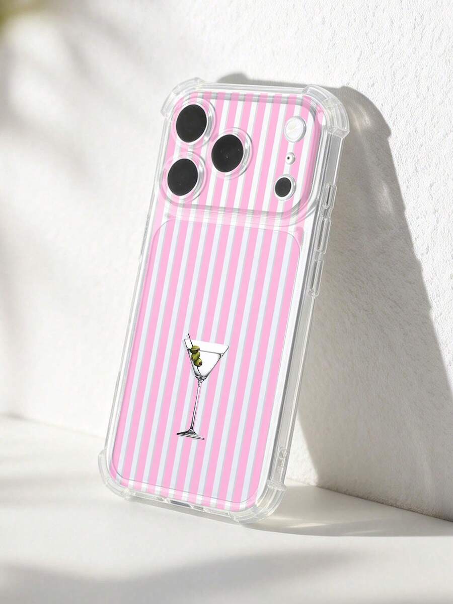 1 pieza Funda de teléfono suave, transparente, antideslizante y antideslizante con patrón de cóctel a rayas de verano, compatible con Apple/ - Multicolor - Ver 1
