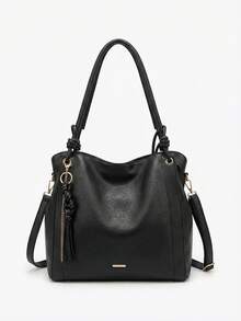 Minimalist Hobo Shoulder Bag With Slouchy Knot And Tassel Detail, Large Capacity - Black - View 1