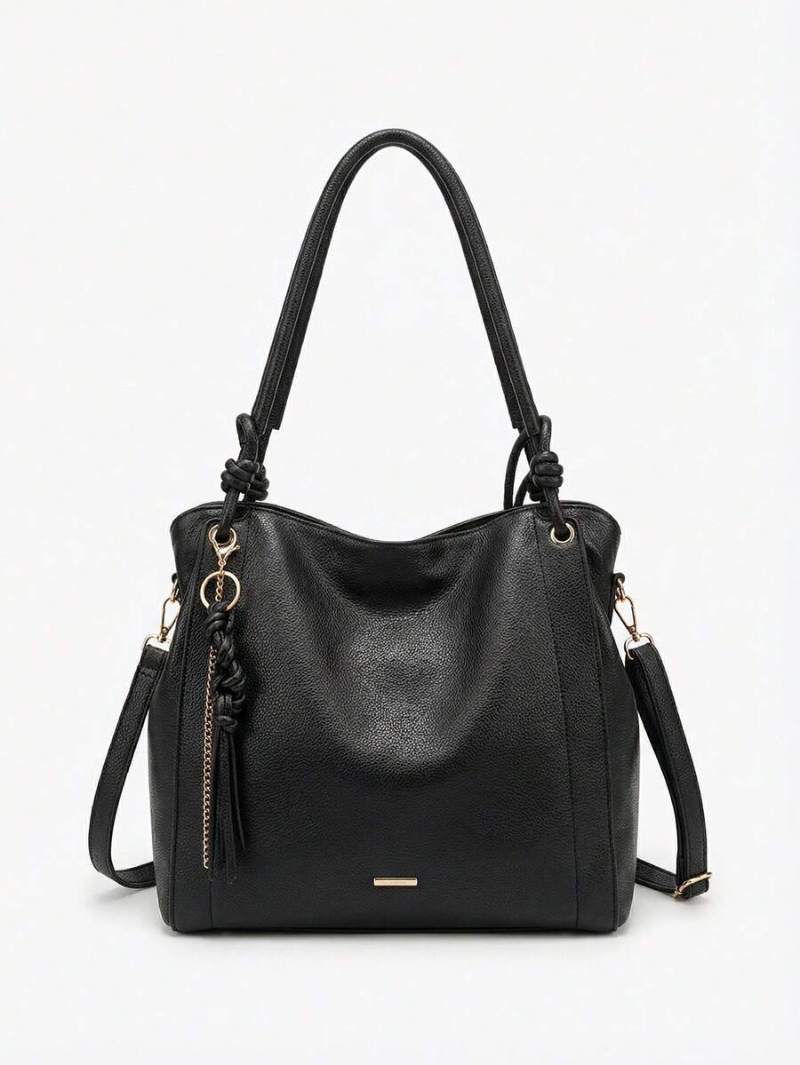 Minimalist Hobo Shoulder Bag With Slouchy Knot And Tassel Detail, Large Capacity - Black - View 1