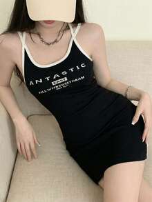 2026 Spring Summer Women's Sleeveless Dress - Elegant Casual Sweet Letter Print Ribbed Bodycon Cami Dress For Daily Hangout Party - Black - View 2