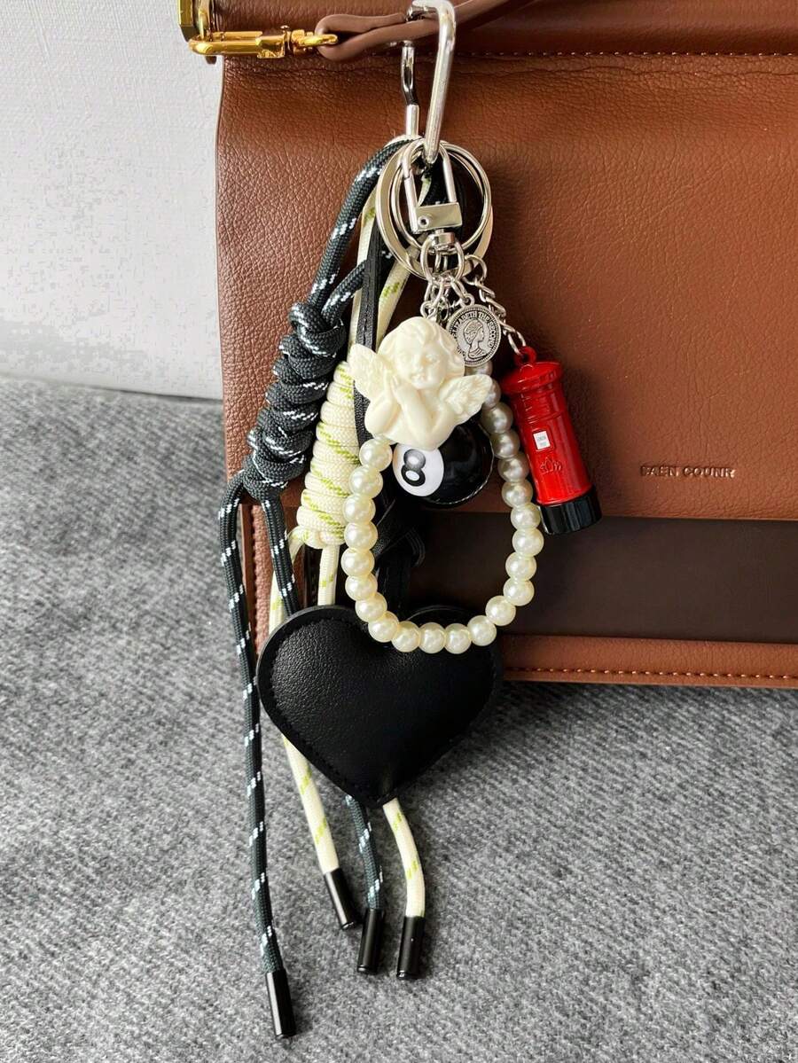 电话亭造型包包挂饰，仿珍珠串珠，8号球和编织绳，复古钥匙扣，可爱钱包挂饰，送给男士或女士的时尚串珠包包挂饰，心形包包挂饰，绳编包包挂饰，迷你仿真电话亭包包挂饰，台球包包挂饰，幸运骰子包包挂饰 - 彩色 - 查看 1