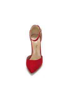 Women Ankle Strap Chunky Heel High Heels Pumps Closed Pointed Toe Fashionable Elegant Wedding Pump Shoes - Đỏ - Xem 8