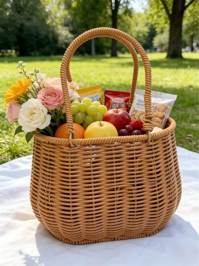 1pc Woven Flower Basket, Handheld Flower Basket, Plastic Woven Postpartum Handmade Basket, Baby Egg Decor, Home Flower Basket