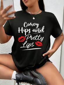 Curvy Hips And Pretty Lips Funny Girls  Saying 1 Pcs Women's Plus Size T-Shirt Funny Oversized Graphic Short Sleeve Tee Novelty Shirt 100% Polyester Crew Neck Top Casual Clothing 220g - 黑色 - 查看 1