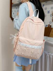 New Lace Korean Style Chic Minimalist Backpack, Versatile Casual Wear - Pink - View 2