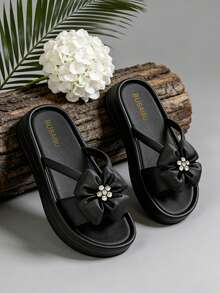 Sandalias de mujer con suela gruesa, decoración de flores de cristal, sandalias de mujer, sandalias con suela de 3 cm de grosor, sandalias de moda de verano, chanclas de playa, sandalias de mujer, sandalias negras, zapatos de verano, sandalias suaves y cómodas, zapatos de vacaciones, zapatos de playa, pantuflas para el hogar, sandalias planas de mujer, sandalias de verano para mujer, pantuflas de dedo abierto, zapatos planos de mujer, zapatos cómodos de mujer - Negro - Ver 2