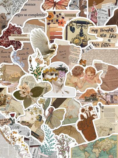 52pcs Vintage Artsy Stickers Handbook Laptop Cell Phone Case Luggage Decorative Creative Stickers