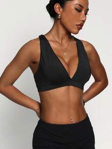 女士黑色可拆卸衬垫深V领交叉肩带时尚运动针织文胸 - 黑色 - 查看 3