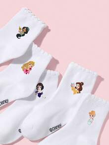 Disney 5 Paar Mädchen Weiße Spitzenrand Socken, süßes Cartoon Prinzessin Muster Dekor, lässige atmungsaktive Sportsocken, weich & bequem für Schule, neue Schulzeit, Geburtstag, Lässig - Verschiedenfarbig - Übersicht 4