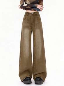 高腰复古美式修身直筒九分女式牛仔裤，休闲春季款 - 卡其色 - 查看 5