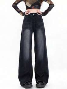 高腰复古美式修身直筒九分女式牛仔裤，休闲春季款 - 水鴨藍 - 查看 3