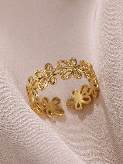 Women's Stainless Steel Hollow Flower Ring, Classic 18K Gold And Silver Waterproof Rings, Wedding Jewelry Vacation Accessories, Mother's Day Gift