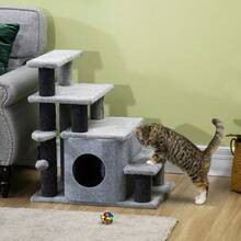 Pet Stairs, 3/4 Step Cat Stairs With Cat Cave And Play Ball, Plush Covering, Sturdy Particleboard For Cats - 灰色 - 查看 1