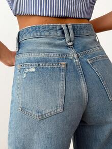 Women's Long Denim Jeans With Ripped Details And Functional Pockets Non-Stretch - Blue - View 6