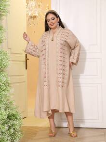 2026新款斋月传统优雅刺绣串珠金色连衣裙，V领流苏奢华端庄阿拉伯女装 JALABIA - 杏色 - 查看 6