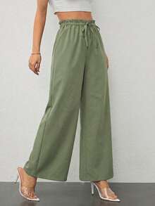 Green Drawstring Tie Waist Wide Leg Casual Pants, Suitable For Spring, Autumn, Daily Wear & Vacation - Army Green - View 1