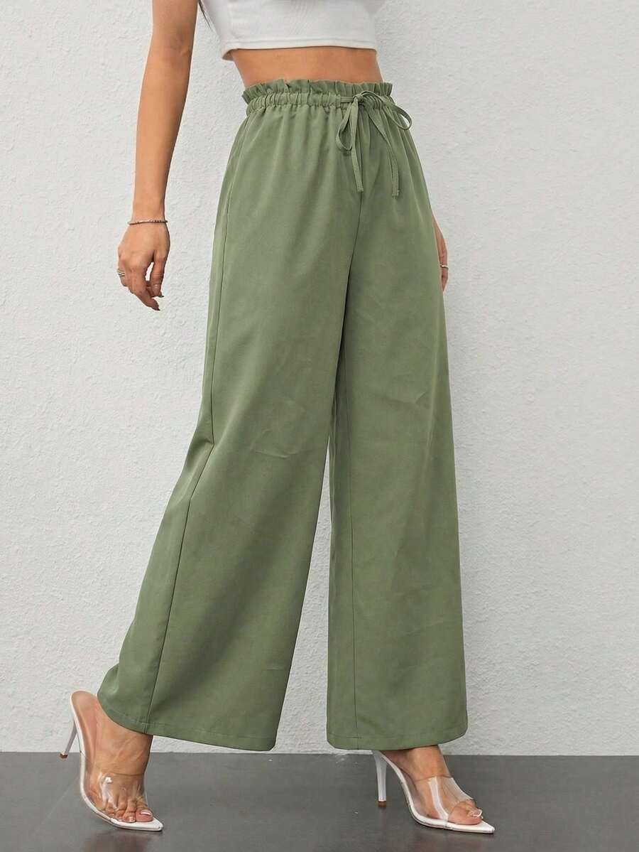 Green Drawstring Tie Waist Wide Leg Casual Pants, Suitable For Spring, Autumn, Daily Wear & Vacation - Army Green - View 1