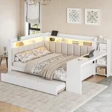 MERAX Full Size Daybed With Storage Shelves,Trundle,Charging Station,LED Light,Desk And Upholstered Headboard And Backrest,White+Beige-Trundle - Giường cỡ lớn - màu trắng (có giường kéo phụ) - Xem 4