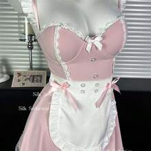 Playfully Seductive Maid Nightie With Padded Bust Design & Adjustable Thin Straps, Offering A "Pure Desire" Aesthetic With Enhanced Support For Romantic Honeymoon Roleplay, Valentine's Dates & Intimate Evenings. - 粉紅色[髮帶+頸環+洋裝+圍裙+T卹褲] - 查看 4