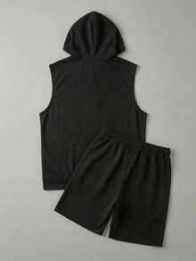 GRDR Conjunto casual de chaleco con capucha y pantalones cortos con cordón para hombre - Negro - Ver 3