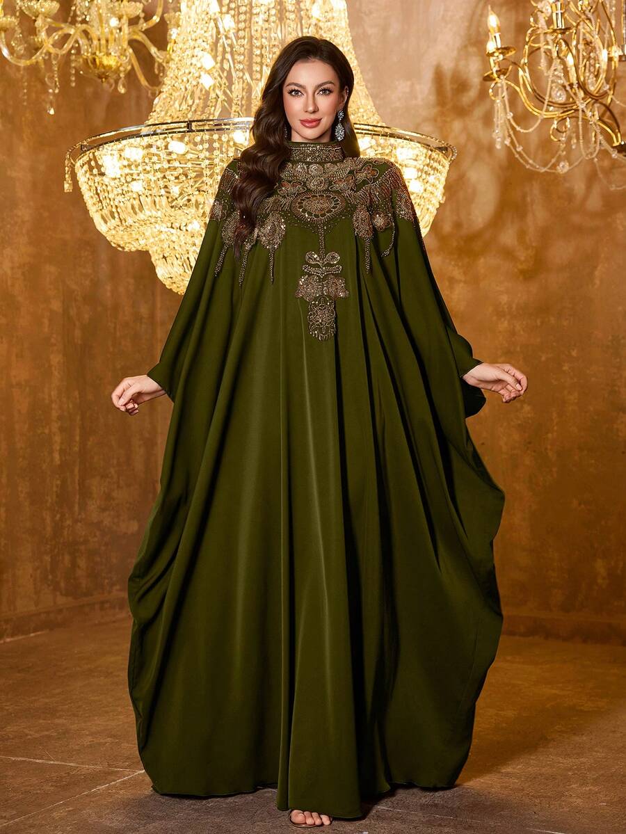 UNITHORSE 女款中式立領長袖刺繡緞面長版正式晚禮服 春秋款 - 橄欖綠 - 查看 1