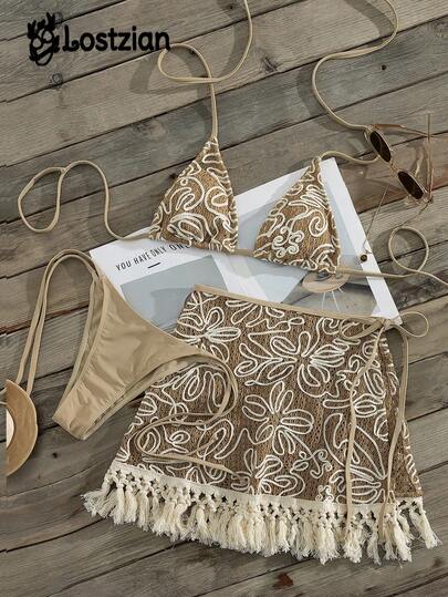 3-Piece Bohemian-Style Spring And Summer Bikini Set, Featuring A Milk Tea-Colored Base With White Stripes And Floral Prints. Made Of Special Crocheted Fabric, It Is Adorned With Tassels And Side Tie Designs For Adjustable Fit. Perfect For Summer Beach Vacations, Pool Parties, And Island Trips, As Well As Women's Casual Wear, Women's Vacation Wear, And Summer Holiday Outfits.