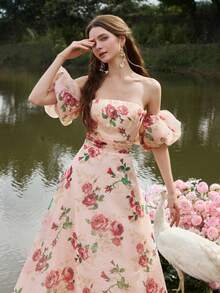 Faeriesty Đầm maxi in hoa thanh lịch, hở vai, tay phồng, lưng hở có dây buộc, nhiều lớp voan, thích hợp cho chụp ảnh cưới, ảnh chân dung lãng mạn bên hồ, các buổi lễ theo chủ đề hoa và tiệc cưới ngoài trời, kỳ nghỉ xuân. - Màu Hồng  San hô - Xem 6