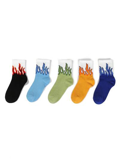 5 Pairs Kids' Flame Jacquard Socks, Cute, Breathable, Comfortable, Suitable For Outdoor Sports, All Seasons