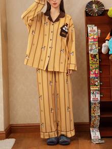 2pcs Disney Dumbo Print Cotton Long Sleeve Pajama Set For Women, Striped Homewear Suit, Spring/Autumn - Ginger - View 9