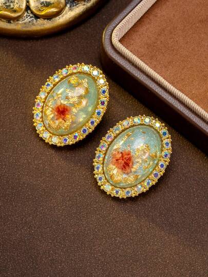 Vintage Oval Faux Gold Foil Dried Flower Design Minimalist Luxury Elegant Fashion Jewelry Earrings, Luxury Retro Accessories For Women, Easily Carry The Magnificent Style For Daily, Party, And Celebration Events