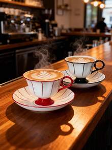 DearDali 一套250毫升高品质耐热陶瓷咖啡杯，时尚黑/红白竖条纹设计，高杯身配碟，隔热防烫，适合情侣、下午茶、晚餐聚会或开学季使用。 - 彩色 - 查看 8