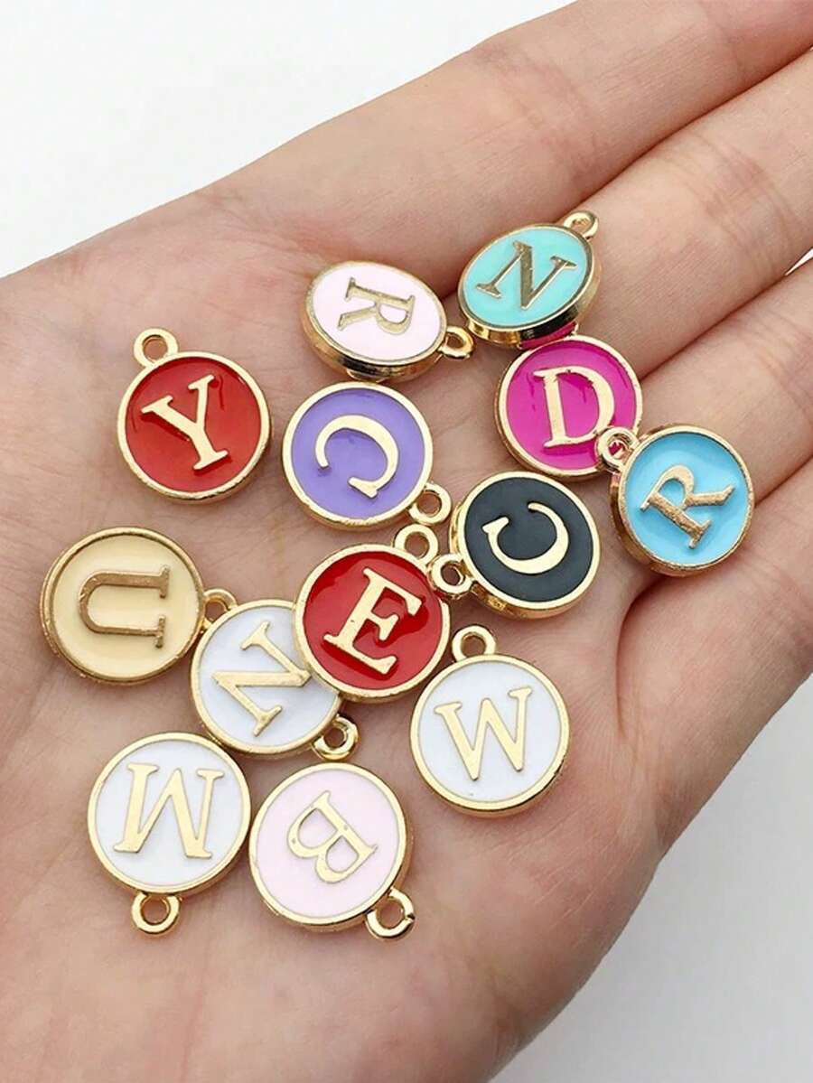26pcs A-Z Letter Pendant, Round Double-Sided Enamel Letter Charms, Suitable For DIY Personalized Jewelry Making - Circular Oil Drop - View 1