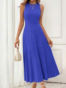 Women's Summer Mid-Length Dress Sleeveless Crew Neck Knitted A-Line Pleats Set Casual Wedding Guest Sundress - màu xanh sáng - Xem 2