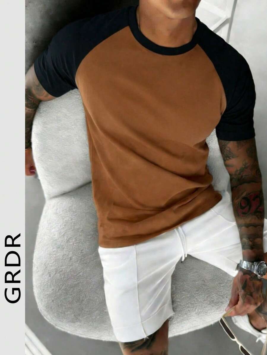 GRDR 男士撞色短袖休闲T恤，夏季款 - 駝色 - 查看 1
