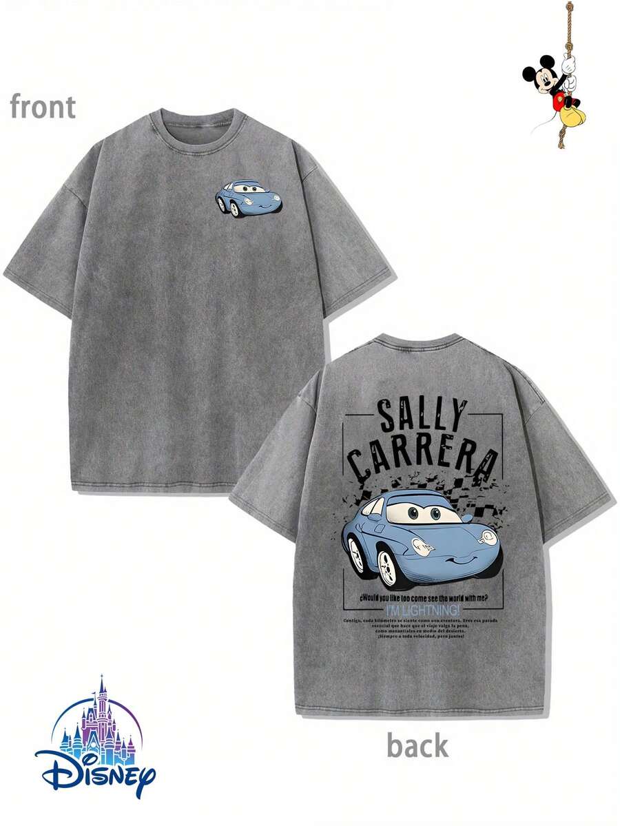 "Disney Authorized" Car Story Sally Double-Sided Printed Flowers, Genuine Authorization 1 Fashion Cartoon Short-Sleeved Design, Cartoon Short Sleeves, Men's Cotton Washed T-Shirts. Soft And Breathable, It Can Be Used As A Gift For Disney Lovers. - 灰色 - 查看 1