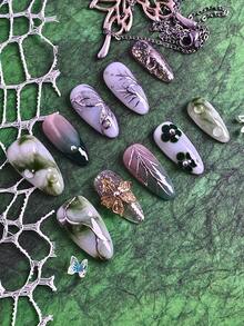 10片装女士美甲贴片，手工制作，夏季美甲，绿色渐变水洗金箔叶子3D花卉设计，亚克力材质，可重复使用，易于粘贴和卸除，ins风手工美甲套装，含美甲饰品、美甲胶水和美甲贴纸。 - 彩色 - 查看 4