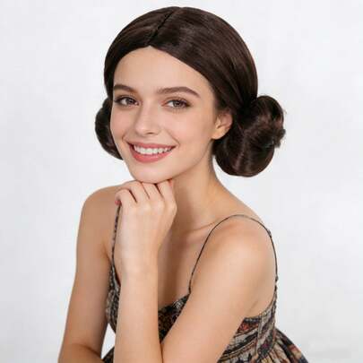 Short Brown Double Bun Princess Cosplay Wig - High Temperature Heat Resistant Synthetic Fiber Hair, Natural Looking Middle Part Wig For Women Holiday Costume, Comic Con, Movie Themed Party, Cosplay Events & Daily Dress Up, Easy To Style & Wear, Classic Sci-Fi Movie Character Wig, Ideal Gift For Her