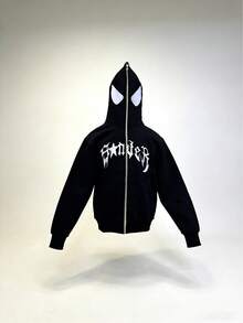 Y2k Spider Zip Up Hoodies,Oversized Vintage Pullover Style Streetwear For Teen Girls Long Sleeve Couple Sweatshirt,All Zipper Jackets With Eyeglass Patterns Coat,Gothic Punk Rock Hip-Hop Style,Men's Autumn And Winter Clothing,Women's Autumn And Winter Clothing,Knit Fabric, For Hiking & Outdoor Activities - 黑色 - 查看 1