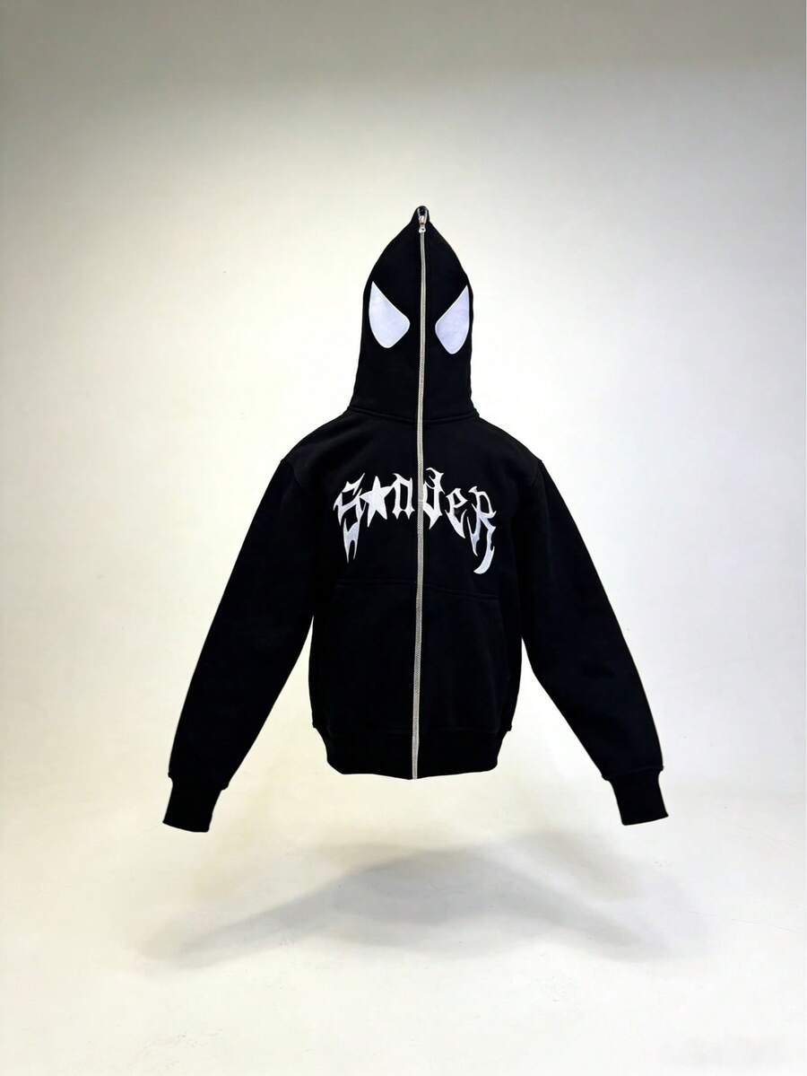 Y2k Spider Zip Up Hoodies,Oversized Vintage Pullover Style Streetwear For Teen Girls Long Sleeve Couple Sweatshirt,All Zipper Jackets With Eyeglass Patterns Coat,Gothic Punk Rock Hip-Hop Style,Men's Autumn And Winter Clothing,Women's Autumn And Winter Clothing,Knit Fabric, For Hiking & Outdoor Activities - 黑色 - 查看 1