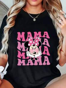 "Disney Authorized" Disney Authorized Mother's Day MAMA Minnie Mouse Pattern Printing, Women's T-Shirt Summer Comfortable Casual Short-Sleeved Shirt, Suitable For Spring And Summer Wear-Comfortable. - 黑色 - 查看 1