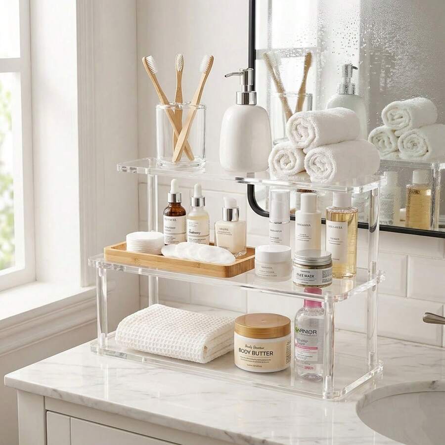 2-Tier Clear Acrylic Organizer Shelf, Multi-Functional Countertop Storage Rack For Kitchen Spice Jars, Coffee Bar Station & Bathroom Vanity, Modern Home Desk Display Stand - Clear - View 1