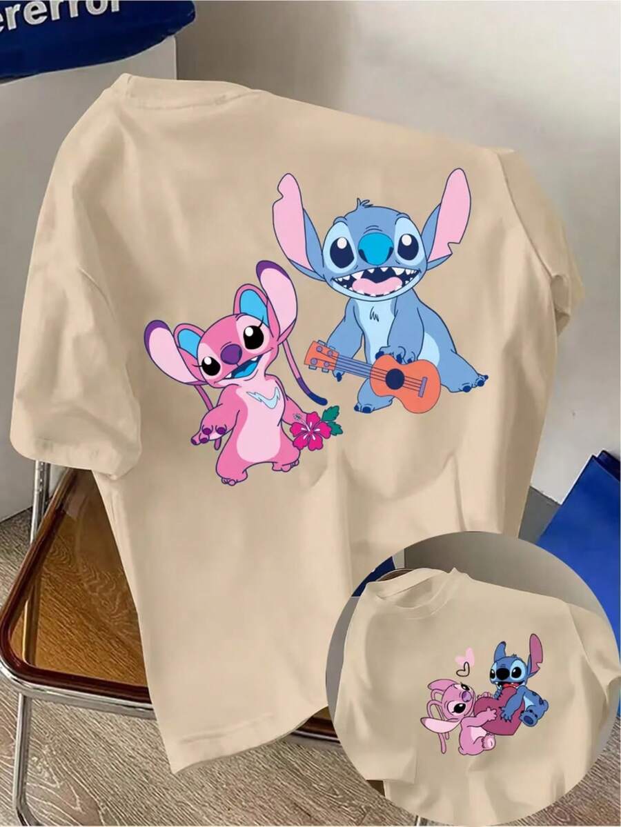 Disney Shi Diqi And Angel Heart Guitar Flower Printed Men's T-Shirt-Light Blue Casual Street Style, Breathable Summer Round Neck And Short Sleeves, Machine Washable And Easy To Care, Interesting Design, Durable Printed Top. - Màu be - Xem 1