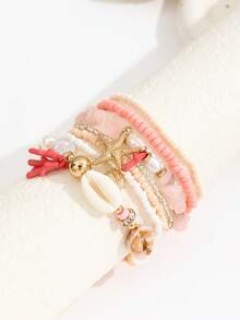 Handmade Beaded Bohemian Style Women's Bracelet, Seed Bead & Starfish Bracelet, Shell & Coral, Fashionable Ocean Themed Beach Jewelry Accessory - Multicolor - View 3