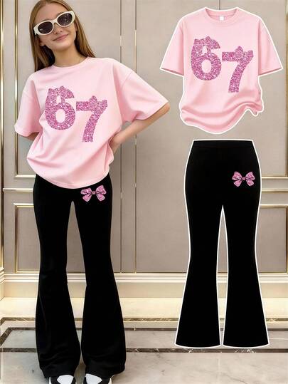 2pcs/Set Girls Outfit, Pink Glitter "67" + Bow Print. Casual Cute Street Style Girls Set, Comfortable & Skin-Friendly, Sweet & Cool, Fashionable & Unique. Decorated With Glitter Elements, Unified Overall Style, Creating A Refined, Sweet And Cool Daily Look.