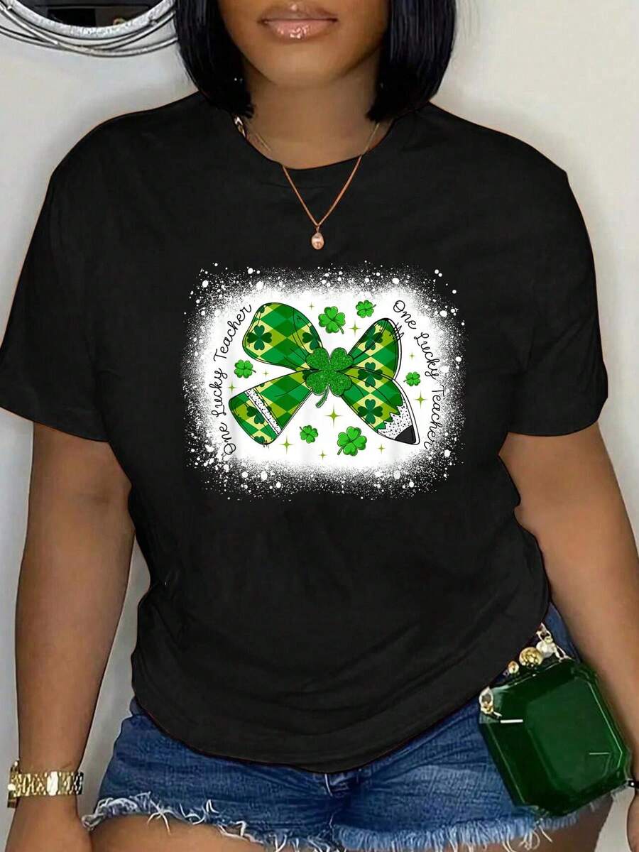 Maglietta da donna in 100% cotone, con stampa di quadrifogli fortunati per insegnanti, scollo rotondo, maniche corte, stile casual e traspirante, abbigliamento di moda per lo Streetwear di San Patrizio - nero - Visualizzare 1