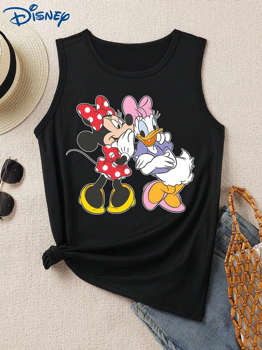 Disney 1件女士卡通印花吊带背心，时尚女士背心，圆领略带弹性，适合日常穿着，易护理面料，休闲女士无袖上衣 - 黑色 - 查看 1