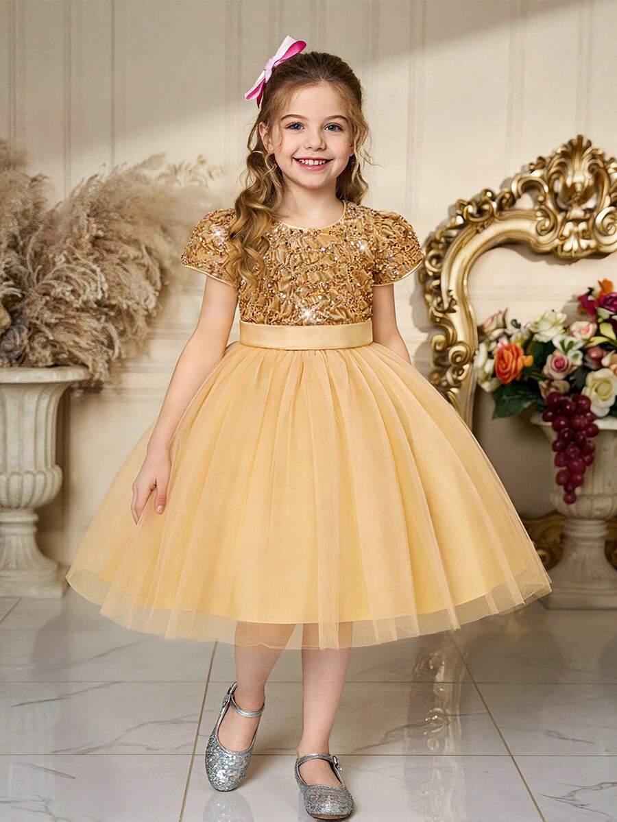 Young Girls Round Neck Sequin Mesh Elegant Tulle Princess Dress, Suitable For Flower Girl, Wedding, Party, Does Not Include Headband - Champagne - View 1