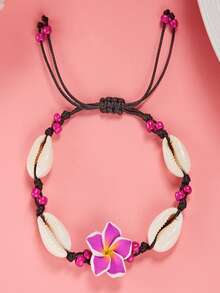 1件波西米亚风软陶花朵贝壳编织手链，适合女性街头、派对、海滩和日常佩戴 - 紫色 - 查看 2