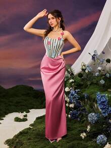 Faeriesty Elegante vestido de noche de tirantes finos sin mangas, con parte superior estampada con flores y falda larga de corte sirena tejida - Rosa vieja - Ver 5