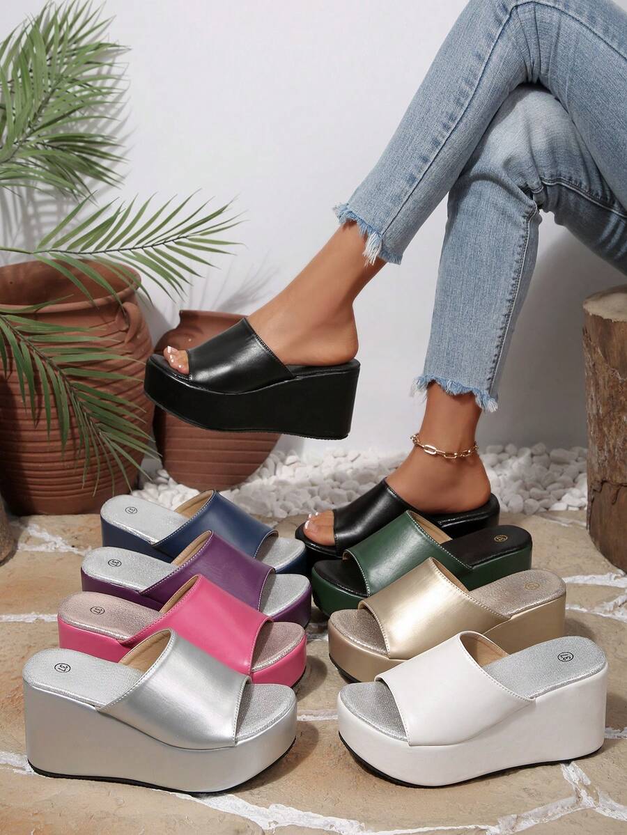 女士纯色坡跟凉鞋，套穿式设计，防滑低坡跟，舒适的夏季沙滩鞋